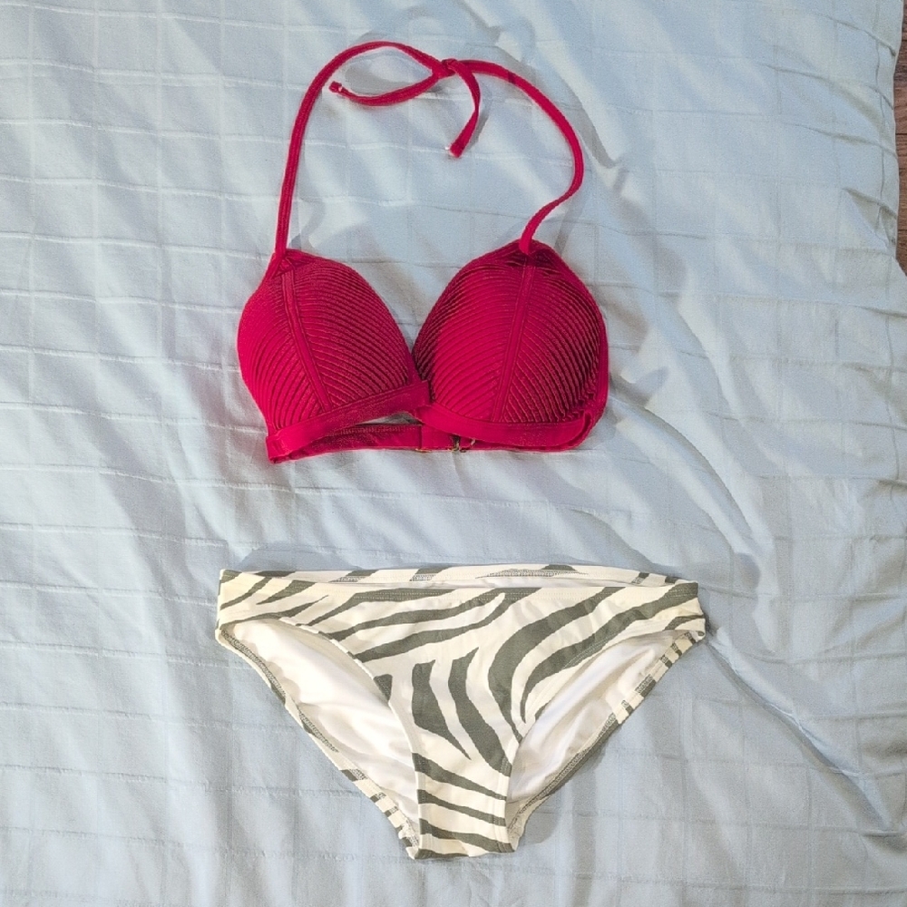 Red Bikini Top with Zebra Print Bottom